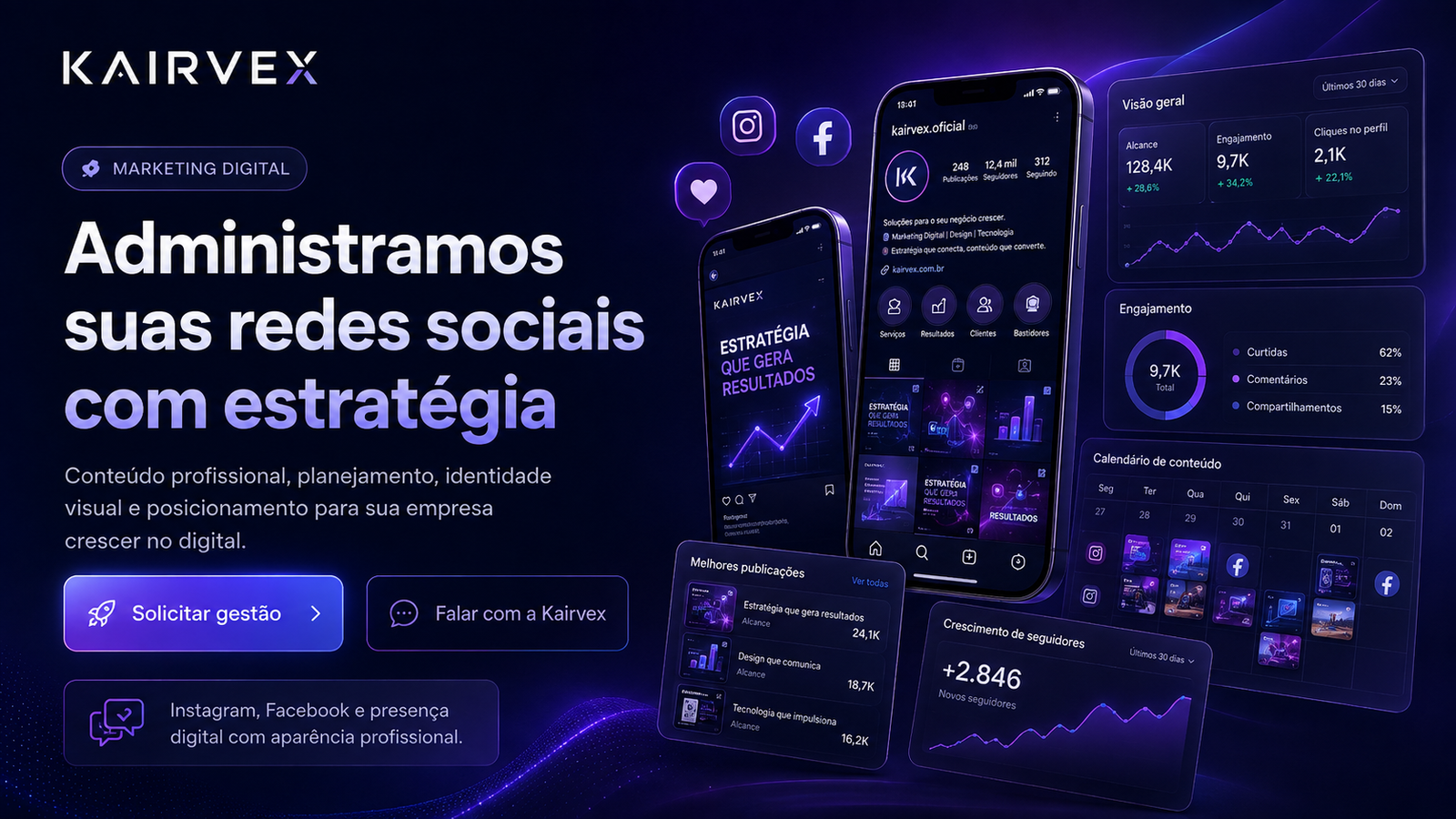 Banner de gestão de redes sociais da Kairvex